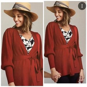 CAbi Cabaret Cardigan Red Ribbed Belted Cotton Sweater